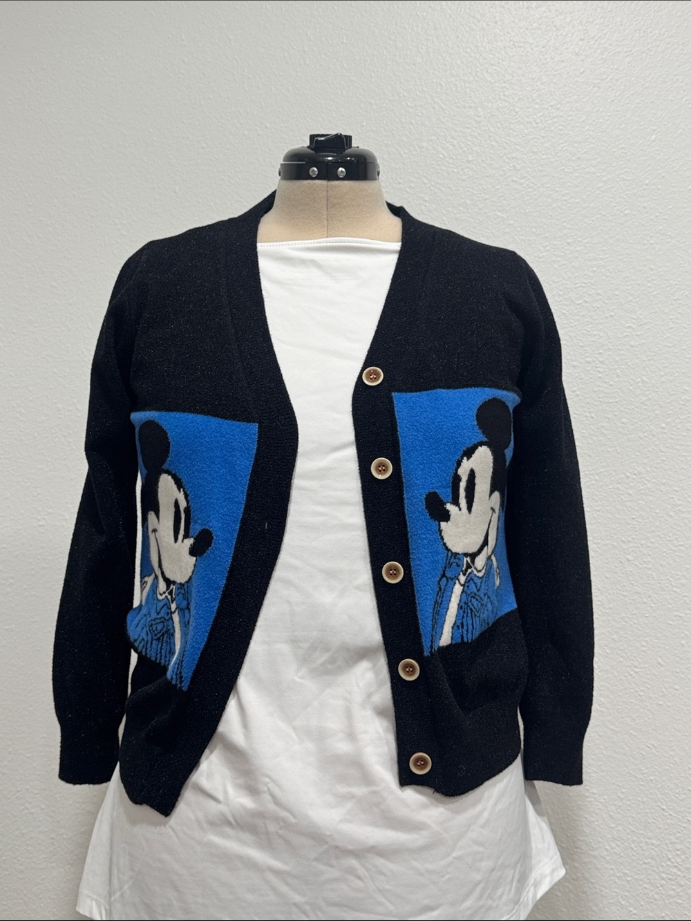 Black Mickey Mouse Graphic Button-Front Cardigan Sweater